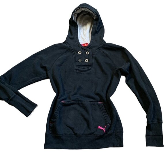 Puma Women's Hoodie Pouch Pocket 4-button Neck Sz M Black w/ Pink Puma Logo 62L - Picture 2 of 10